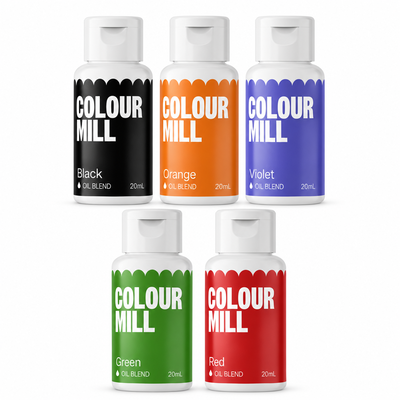 Färgpaket Halloween, oljebaserade ätbara färger - Colour Mill – färgflaskor på vit bakgrund