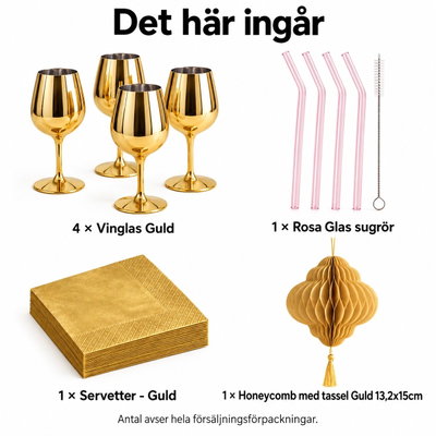 Aperitif för fyra – guldfärgade glas och rosa glassugrör – innehåll och antal försäljningsförpackningar