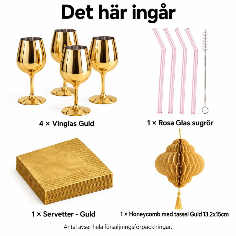 Aperitif för fyra – guldfärgade glas och rosa glassugrör – innehåll och antal försäljningsförpackningar