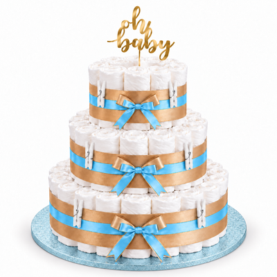 Blöjtårta i tre våningar på babyblå FunCakes-bricka 30,5 cm