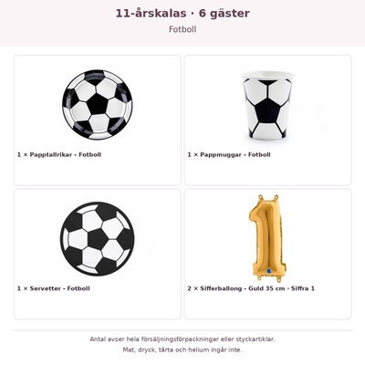 11-årskalas, Fotboll, kalaspaket, 6 gäster – innehåll och antal förpackningar