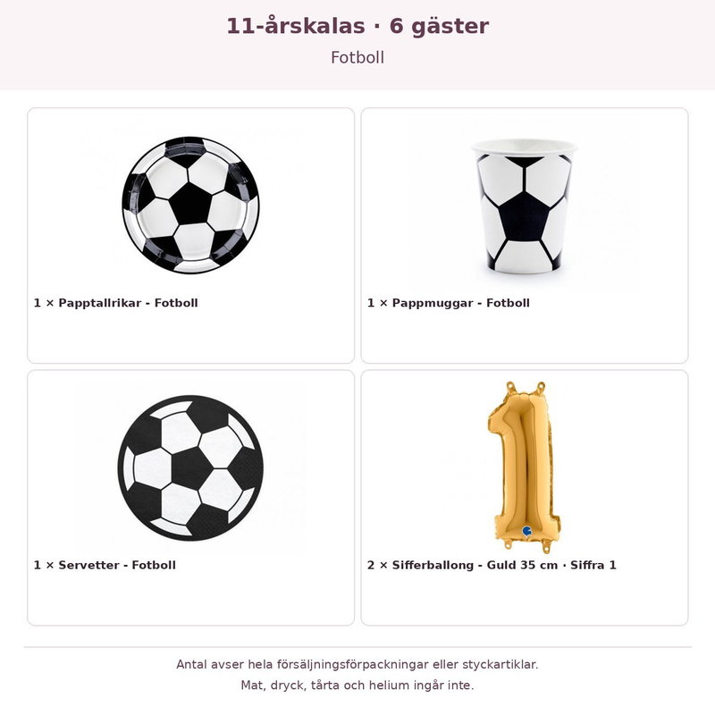 11-årskalas, Fotboll, kalaspaket, 6 gäster – innehåll och antal förpackningar