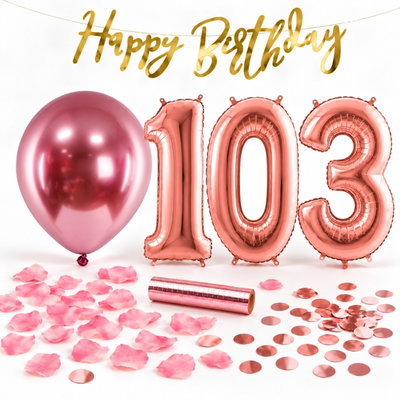 103-års festpaket, Roséguld, Stor – paketets dekorationer på vit bakgrund