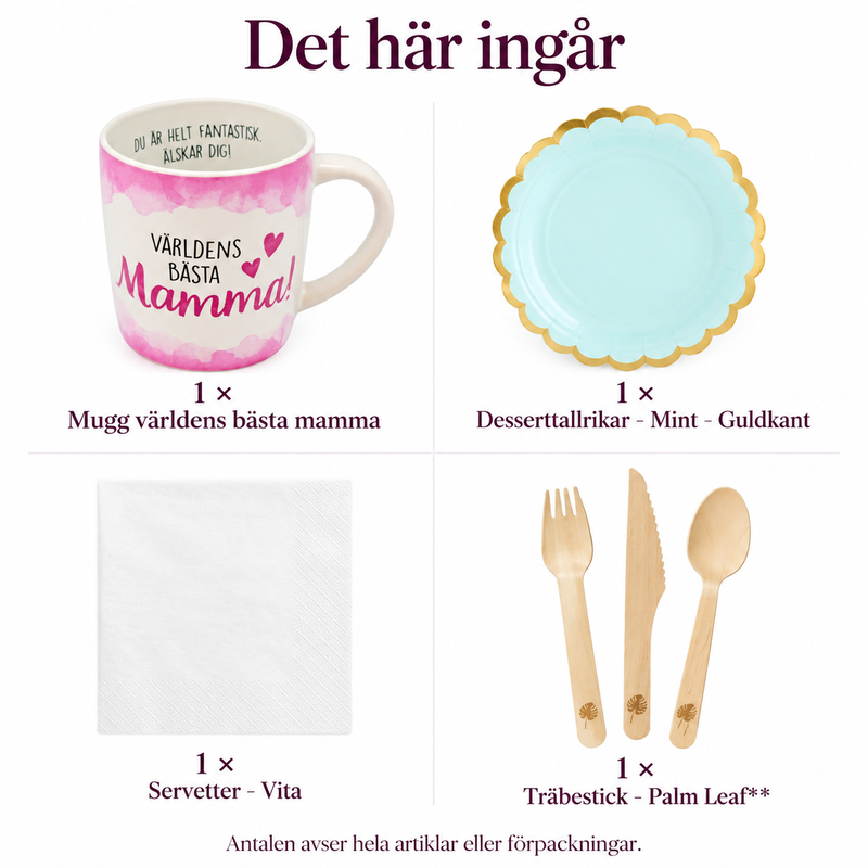 Det här ingår i Frukost med mamma – hennes egen mugg och sex fikaplatser