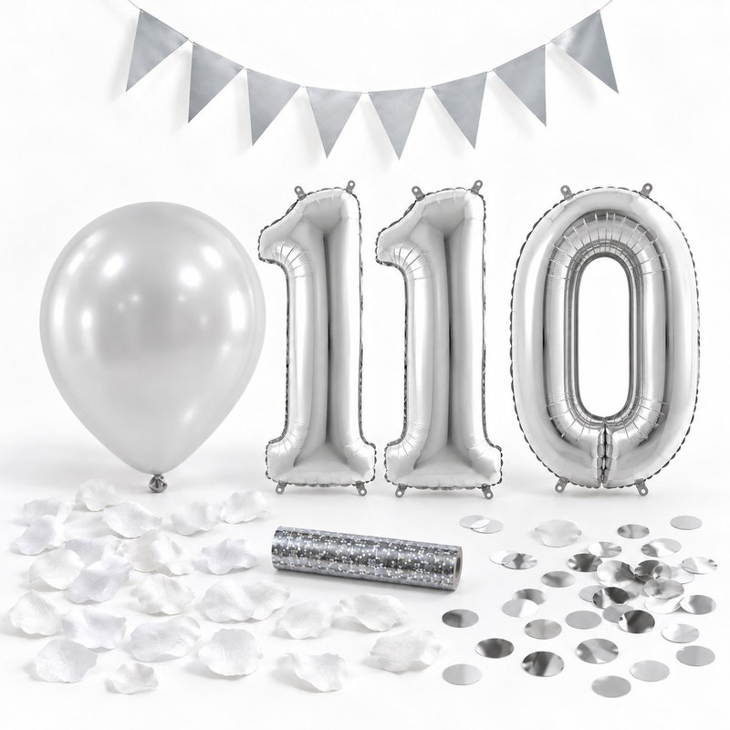 110-års festpaket, Silver, Stor – paketets dekorationer på vit bakgrund