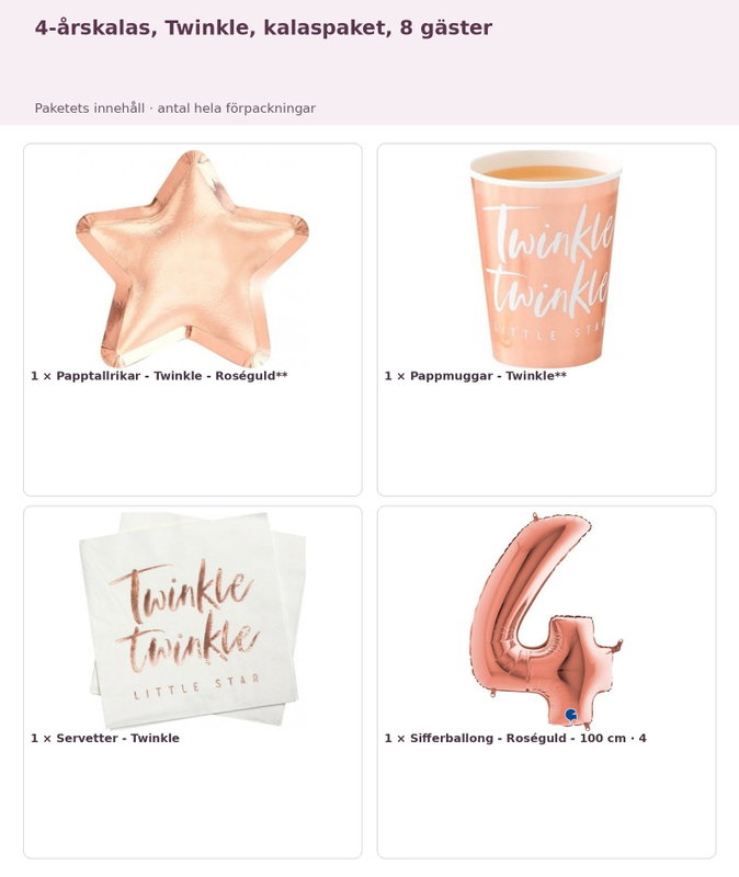 4-årskalas, Twinkle, kalaspaket, 8 gäster – innehåll och antal
