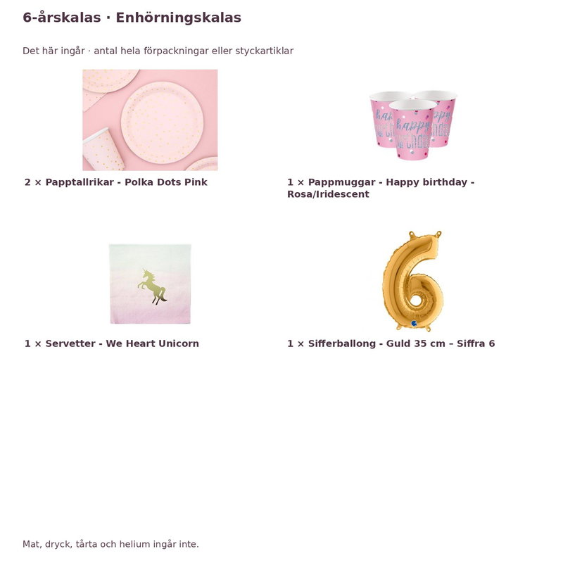 6-årskalas, Enhörningskalas, kalaspaket, 8 gäster – innehåll och antal förpackningar