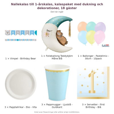 Nallekalas till 1-årskalas, kalaspaket med dukning och dekorationer, 18 gäster – innehåll och antal förpackningar