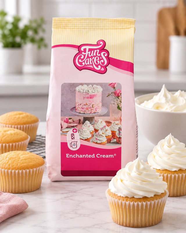 Enchanted Cream 450 g i köksmiljö med spritsade cupcakes – serveringsförslag