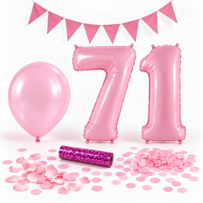 71-års festpaket, Rosa, Stor – paketets dekorationer på vit bakgrund