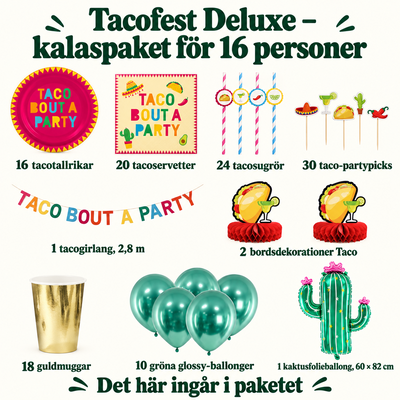 Tacofest Deluxe – kalaspaket för 16 personer – innehåll och antal