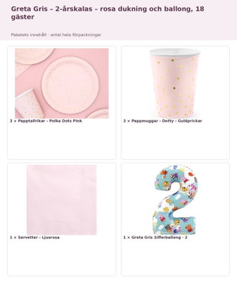 Greta Gris – 2-årskalas – rosa dukning och ballong, 18 gäster – innehåll och antal