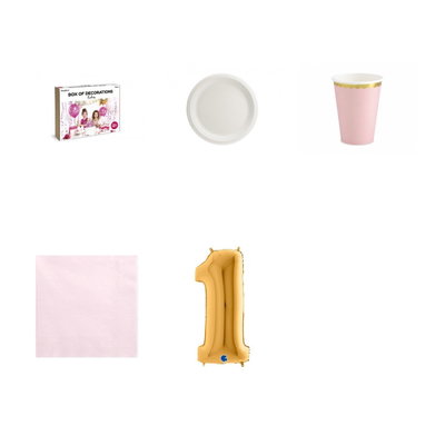 1-årskalas, Prinsesskalas, kalaspaket, 6 gäster – paketets produkter med sifferballong 100 cm