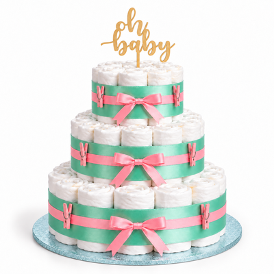 Blöjtårta i tre våningar på babyblå FunCakes-bricka 30,5 cm