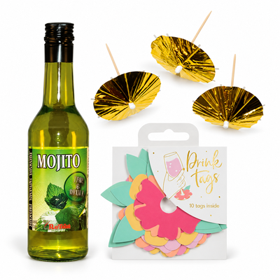 Mojito-servering – drinkmix, guldparaplyer och blommarkörer