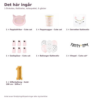 1-årskalas, Kattkalas, kalaspaket, 6 gäster – innehåll och antal, sifferballong 100 cm
