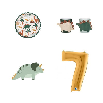 7-årskalas, Dinosauriekalas, kalaspaket, 6 gäster – paketets produkter med sifferballong 100 cm