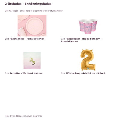 2-årskalas, Enhörningskalas, kalaspaket, 8 gäster – innehåll och antal förpackningar