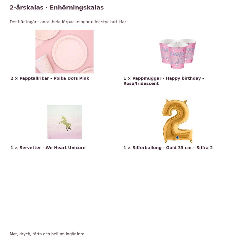 2-årskalas, Enhörningskalas, kalaspaket, 8 gäster – innehåll och antal förpackningar