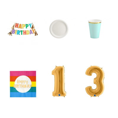 13-årskalas, Festivaltema – regnbåge och fest, kalaspaket, 6 gäster – paketets produkter med sifferballong 100 cm