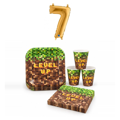 7-årskalas, Gamingkalas i pixeltema, kalaspaket, 8 gäster – sammansatt bild av paketets produkter