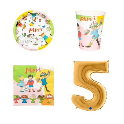 5-årskalas, Pippi Långstrump, kalaspaket, 8 gäster – paketets produkter med sifferballong 100 cm