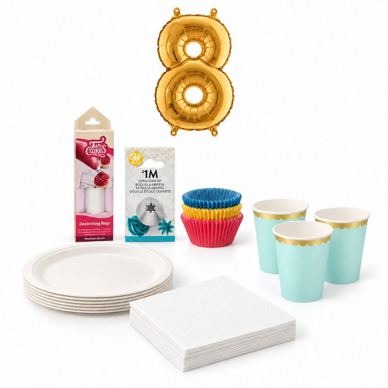 8-årskalas, Bakkalas – dekorera cupcakes, kalaspaket, 6 gäster – paketets produkter