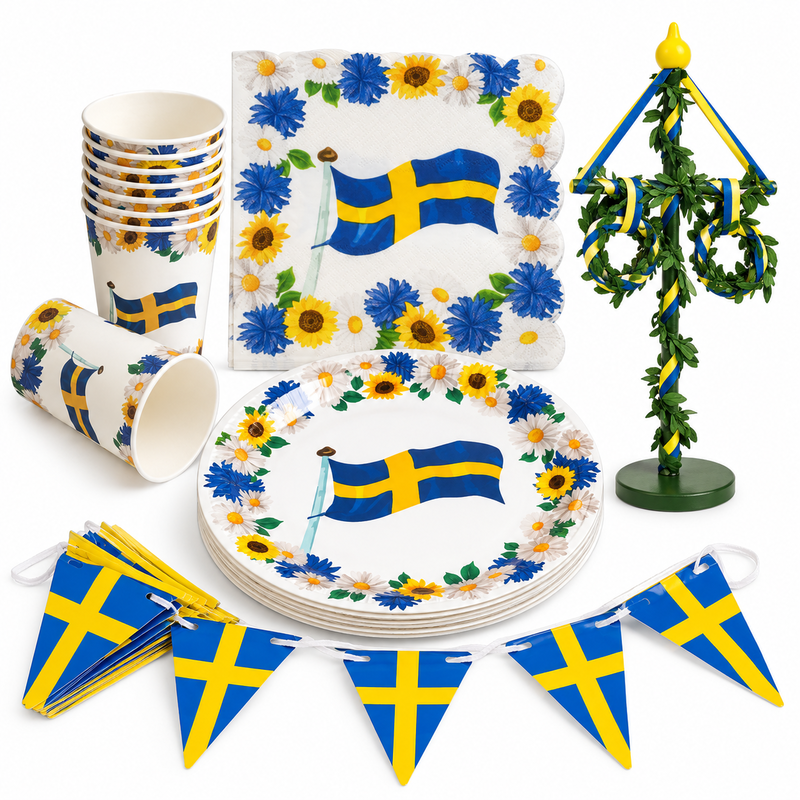 Midsommarlunch för åtta – bordet samlat kring stången