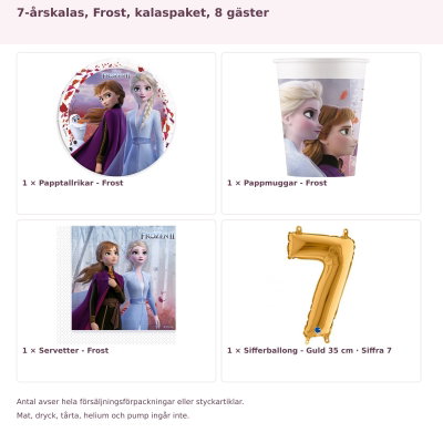 7-årskalas, Frost, kalaspaket, 8 gäster – innehåll och antal förpackningar