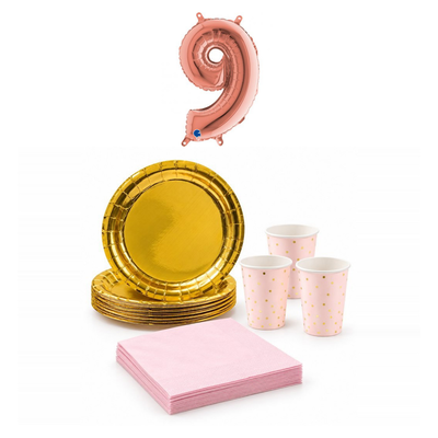 9-årskalas, Rosa och guld, kalaspaket, 6 gäster – sammansatt bild av paketets produkter