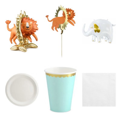 Safarikalas till 1-årskalas, kalaspaket med dukning och dekorationer, 12 gäster – översikt av ingående produkttyper