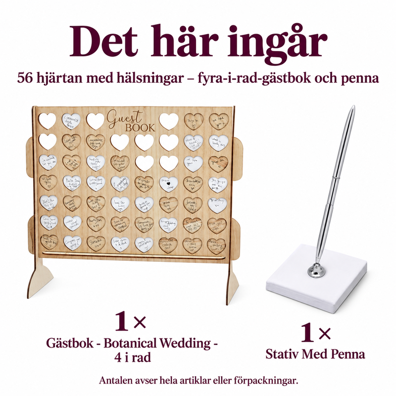 56 hjärtan med hälsningar – fyra-i-rad-gästbok och penna – innehåll och antal
