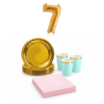 7-årskalas, Mint, rosa och guld, kalaspaket, 6 gäster – sammansatt bild av paketets produkter