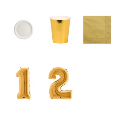 12-årskalas, Vitt och guld, kalaspaket, 6 gäster – paketets produkter med sifferballong 100 cm