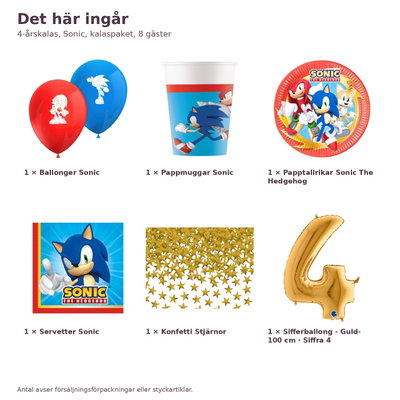 4-årskalas, Sonic, kalaspaket, 8 gäster – innehåll och antal, sifferballong 100 cm