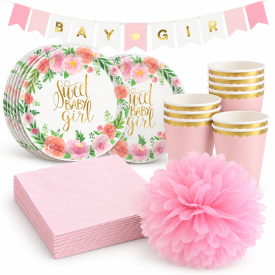 Babyshower flicka – floral och rosa – fikapaket, 12 gäster – samlat paketinnehåll