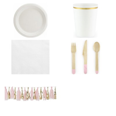 Babyshowerbrunch – rosa detaljer för 6 – samlad produktbild på vit bakgrund