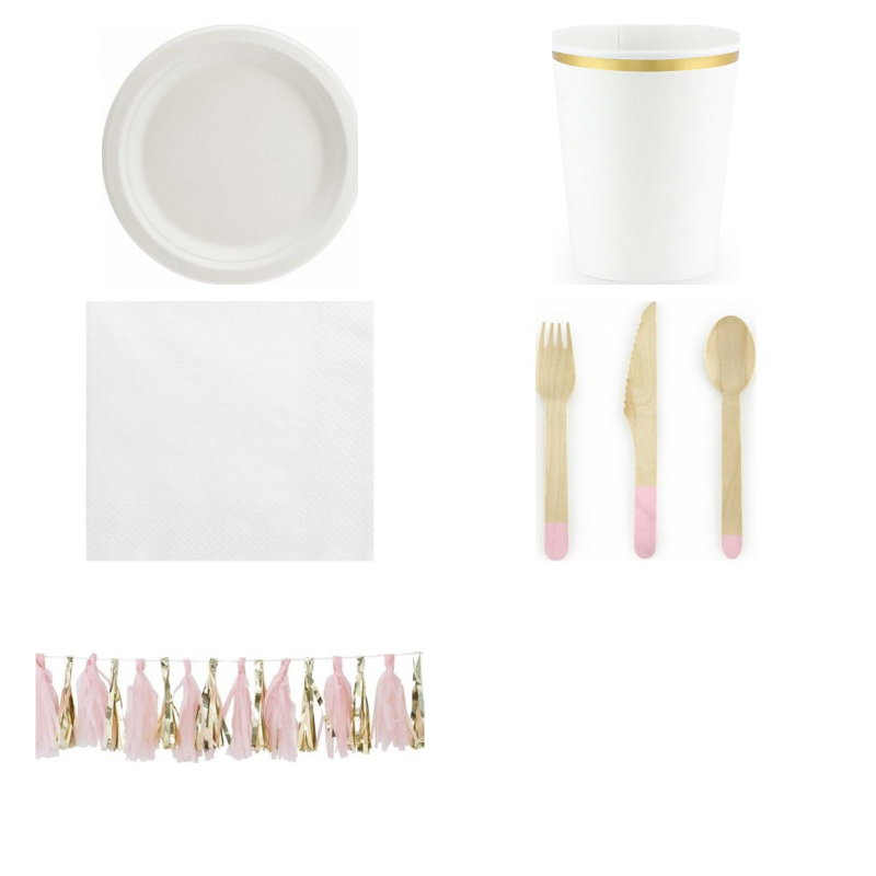 Babyshowerbrunch – rosa detaljer för 6 – samlad produktbild på vit bakgrund