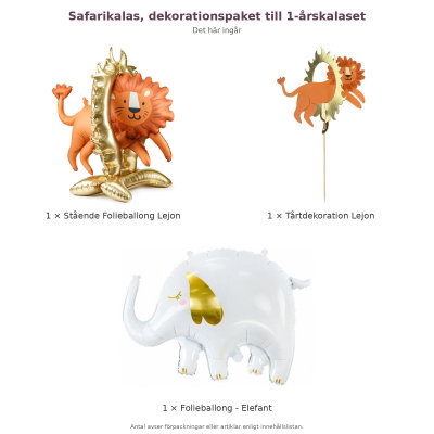 Safarikalas, dekorationspaket till 1-årskalaset – innehåll och antal förpackningar