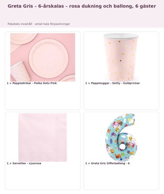 Greta Gris – 6-årskalas – rosa dukning och ballong, 6 gäster – innehåll och antal