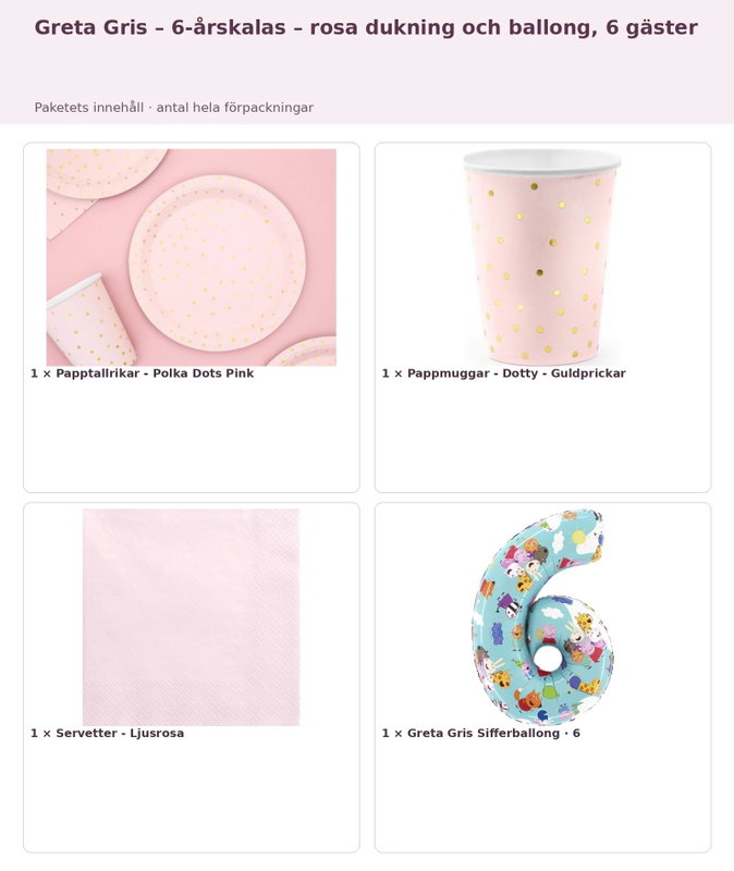 Greta Gris – 6-årskalas – rosa dukning och ballong, 6 gäster – innehåll och antal