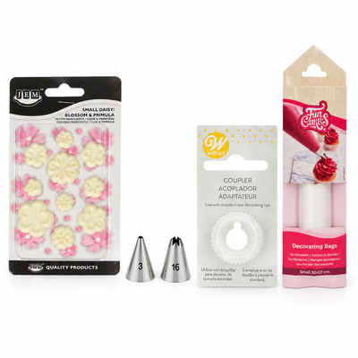 Produktöversikt: Utstansade sockerblommor med spritsade mittpunkter