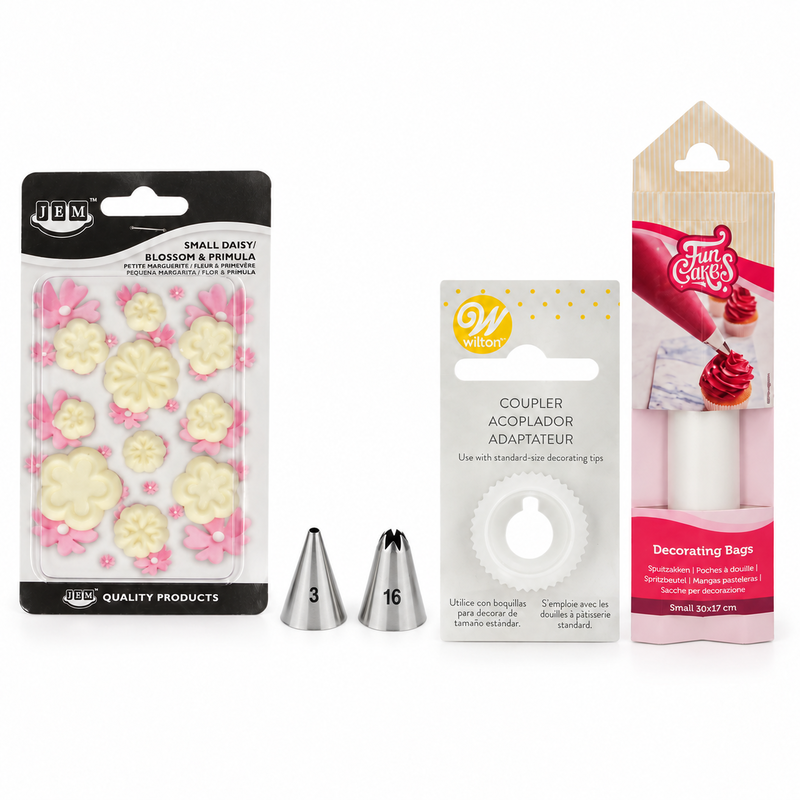 Produktöversikt: Utstansade sockerblommor med spritsade mittpunkter