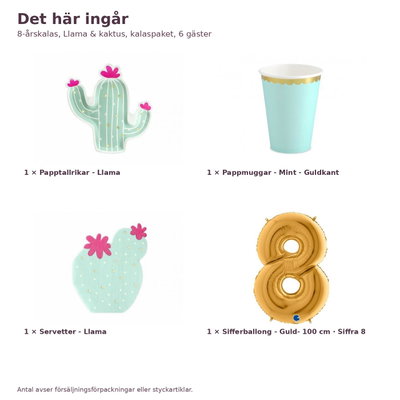 8-årskalas, Llama & kaktus, kalaspaket, 6 gäster – innehåll och antal, sifferballong 100 cm