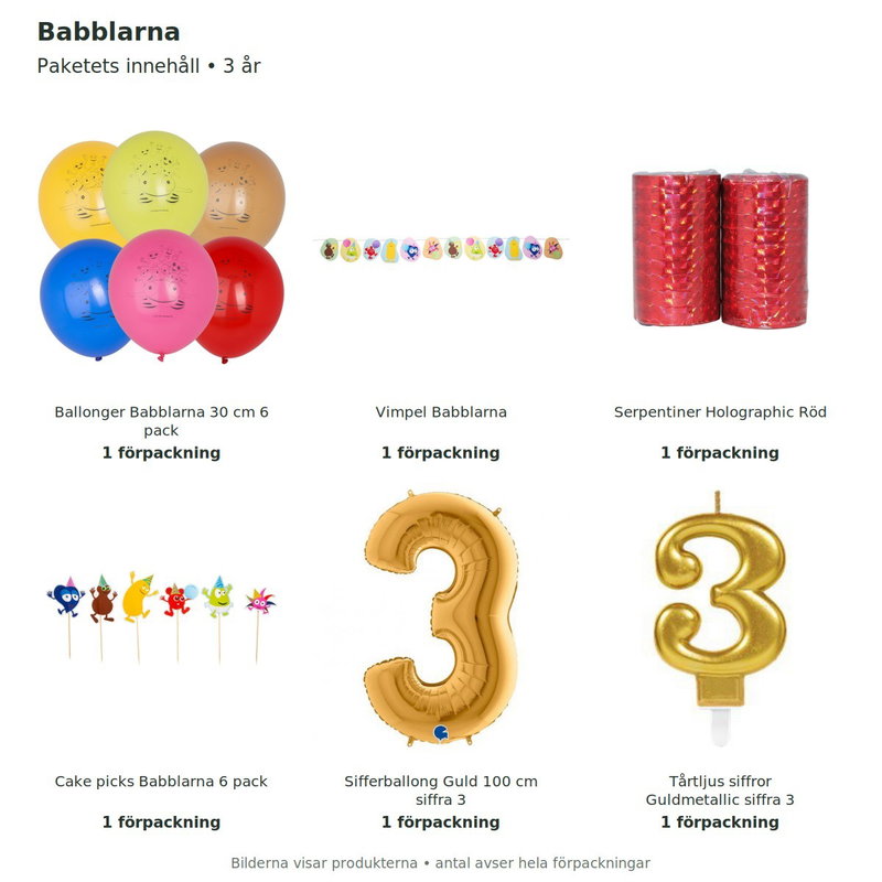 Babblarna – 3-årskalas – dekorationspaket – innehåll och antal