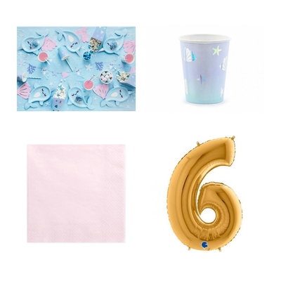 6-årskalas, Narwhal, kalaspaket, 6 gäster – paketets produkter med sifferballong 100 cm