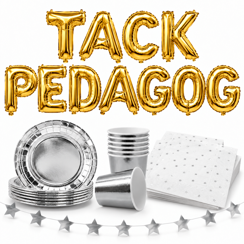 TACK PEDAGOG, 35 cm guld bokstavsballonger med silver dukning
