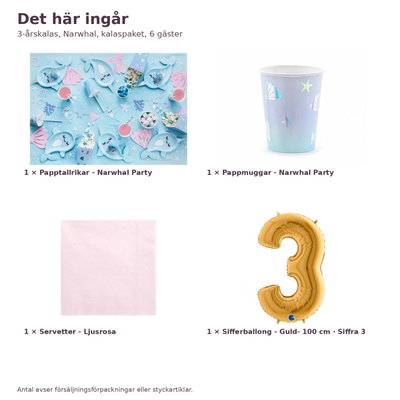 3-årskalas, Narwhal, kalaspaket, 6 gäster – innehåll och antal, sifferballong 100 cm
