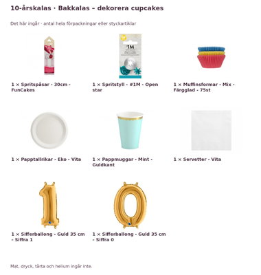10-årskalas, Bakkalas – dekorera cupcakes, kalaspaket, 6 gäster – innehåll och antal förpackningar