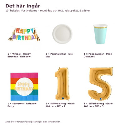 15-årskalas, Festivaltema – regnbåge och fest, kalaspaket, 6 gäster – innehåll och antal, sifferballong 100 cm
